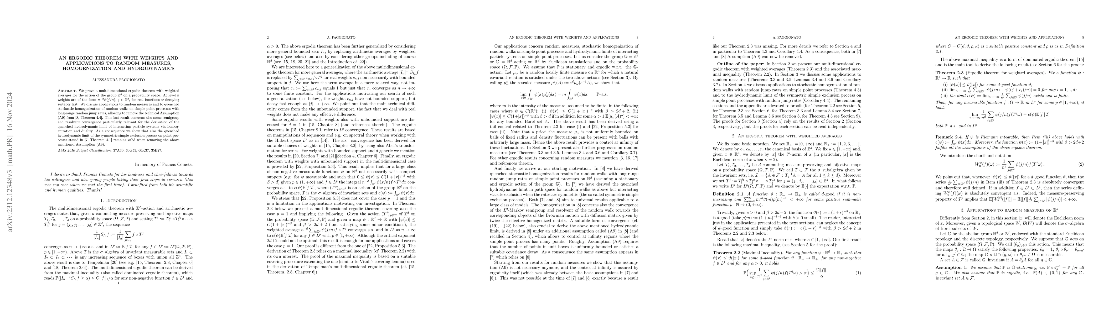 Thumbnail for An ergodic theorem with weights and applications to random measures, RW
  homogenization and IPS hydrodynamics on point processes