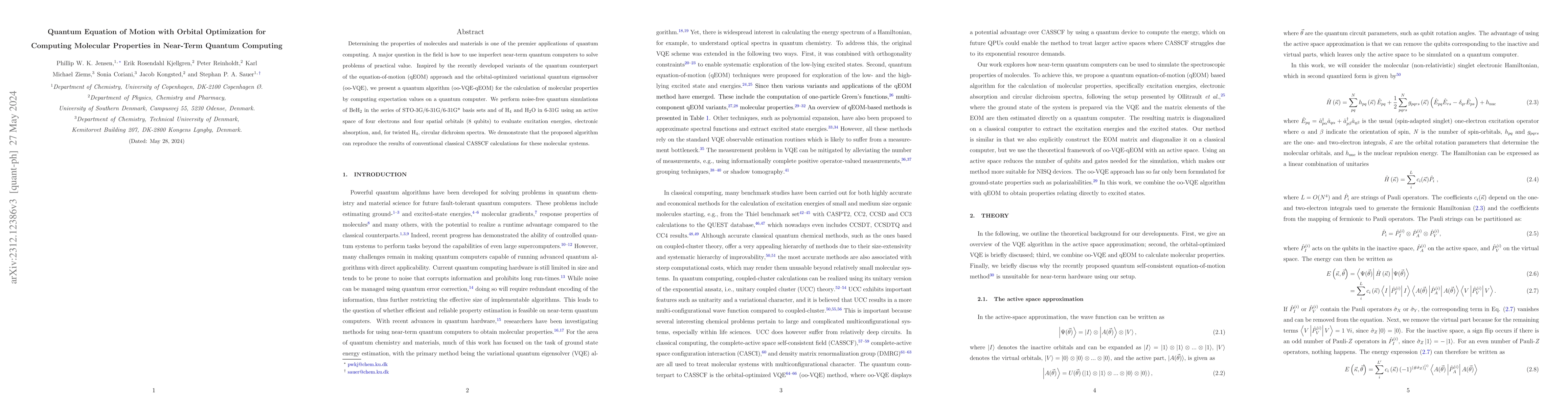 Thumbnail for Quantum Equation of Motion with Orbital Optimization for Computing
  Molecular Properties in Near-Term Quantum Computing