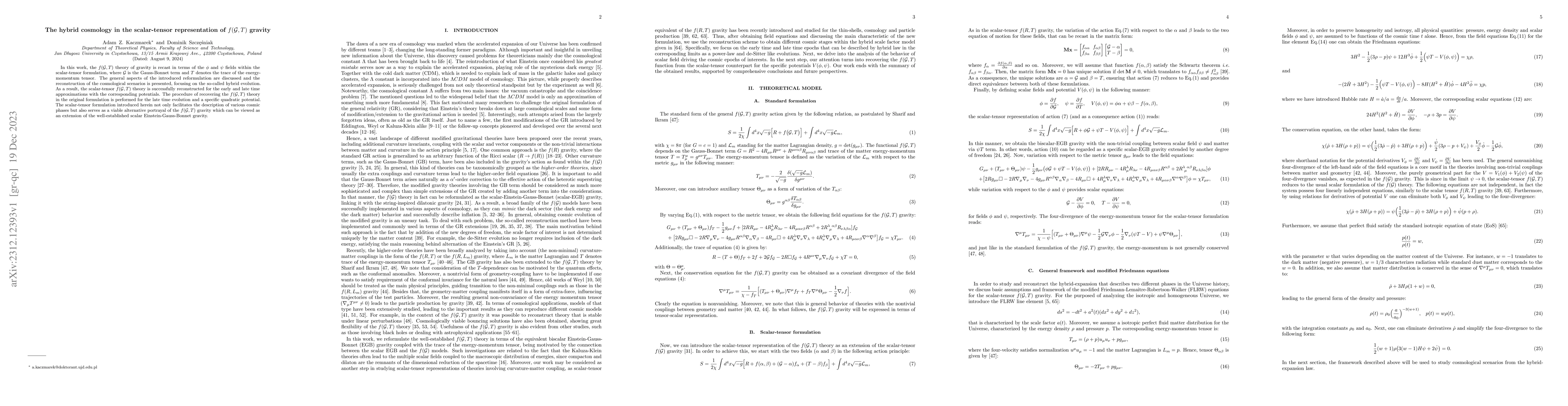 Thumbnail for The hybrid cosmology in the scalar-tensor representation of
  $f(\mathcal{G},T)$ gravity