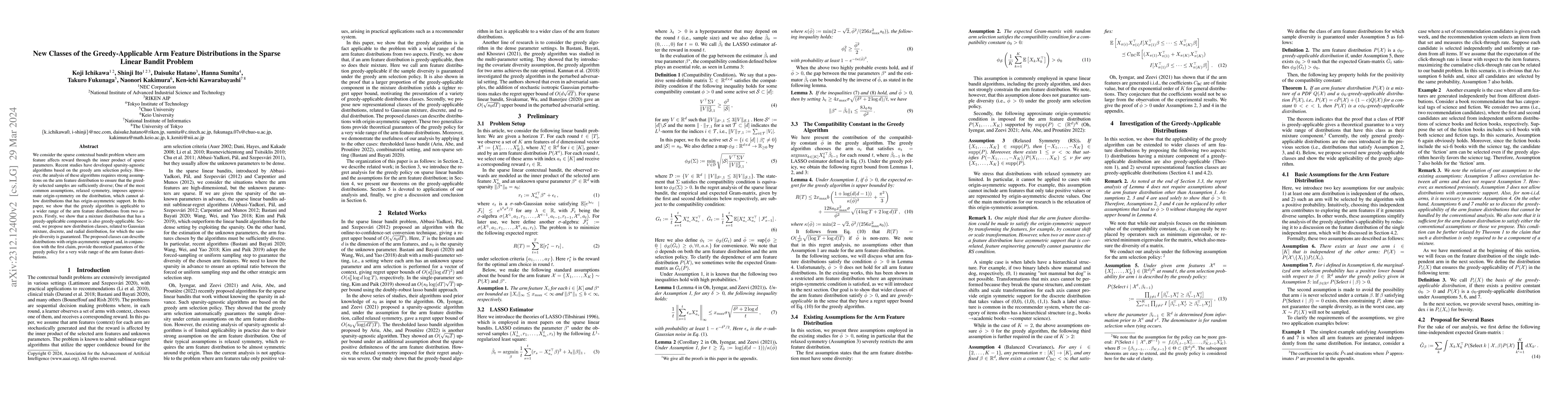 Thumbnail for New Classes of the Greedy-Applicable Arm Feature Distributions in the
  Sparse Linear Bandit Problem