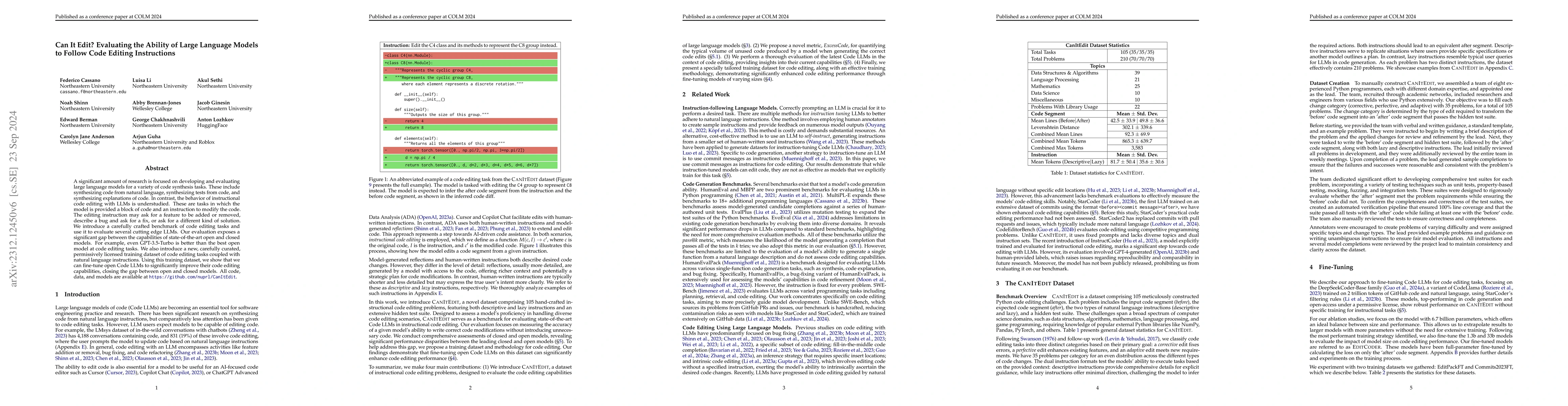 Thumbnail for Can It Edit? Evaluating the Ability of Large Language Models to Follow
  Code Editing Instructions