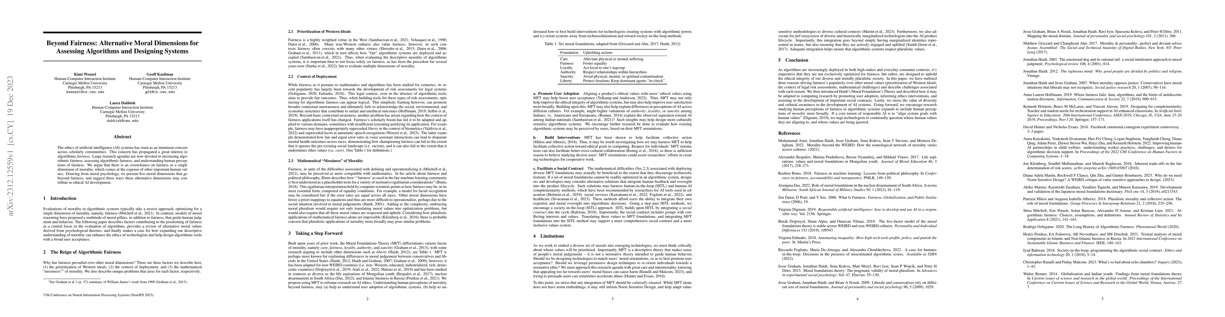Thumbnail for Beyond Fairness: Alternative Moral Dimensions for Assessing Algorithms
  and Designing Systems
