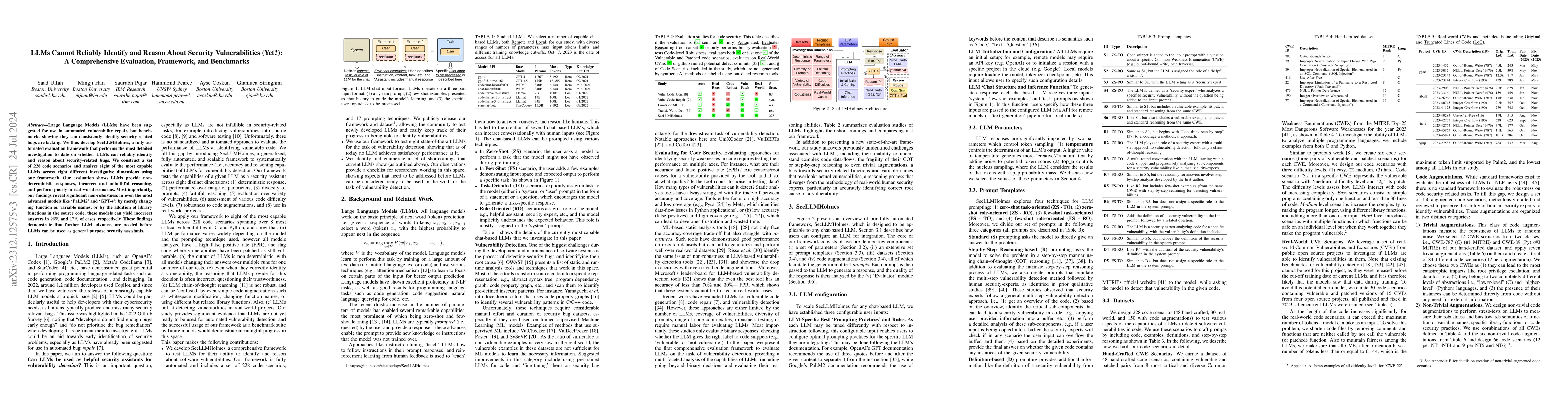 Thumbnail for LLMs Cannot Reliably Identify and Reason About Security Vulnerabilities
  (Yet?): A Comprehensive Evaluation, Framework, and Benchmarks