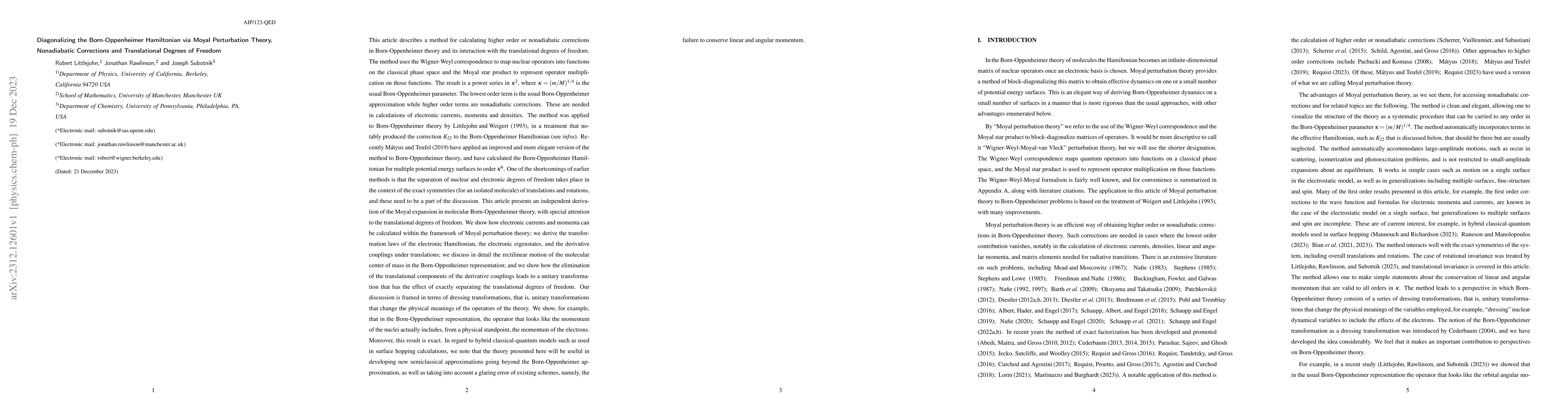 Thumbnail for Diagonalizing the Born-Oppenheimer Hamiltonian via Moyal Perturbation
  Theory, Nonadiabatic Corrections and Translational Degrees of Freedom