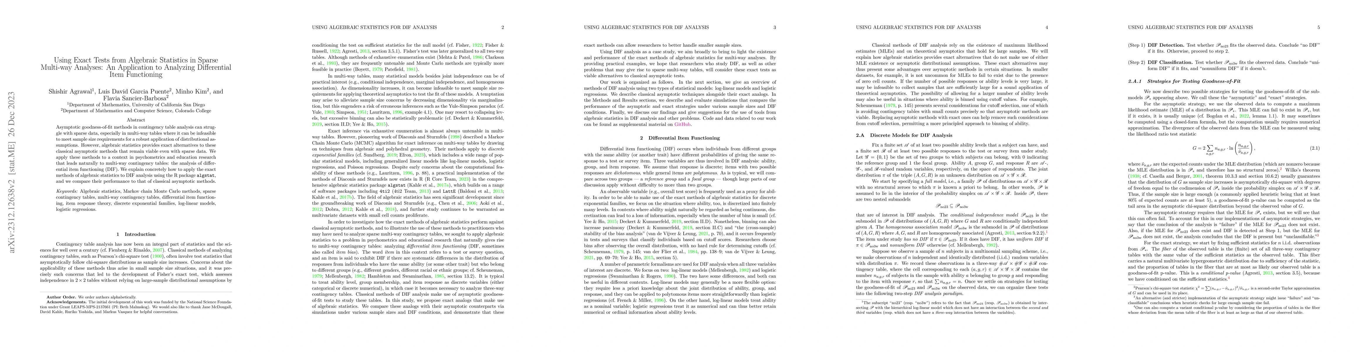 Thumbnail for Using Exact Tests from Algebraic Statistics in Sparse Multi-way
  Analyses: An Application to Analyzing Differential Item Functioning