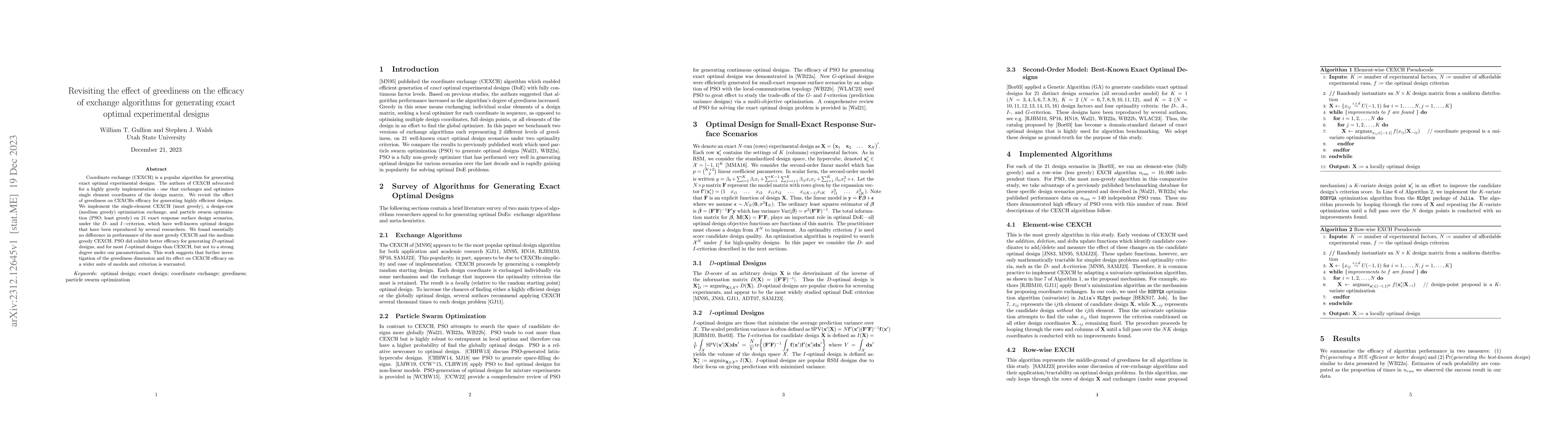 Thumbnail for Revisiting the effect of greediness on the efficacy of exchange
  algorithms for generating exact optimal experimental designs
