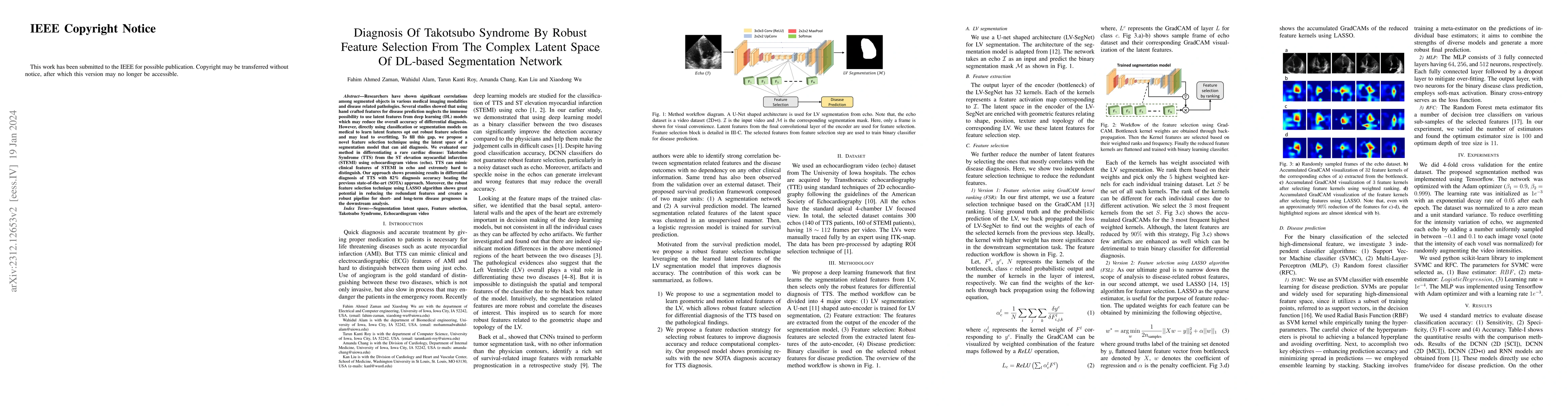Thumbnail for Diagnosis Of Takotsubo Syndrome By Robust Feature Selection From The
  Complex Latent Space Of DL-based Segmentation Network