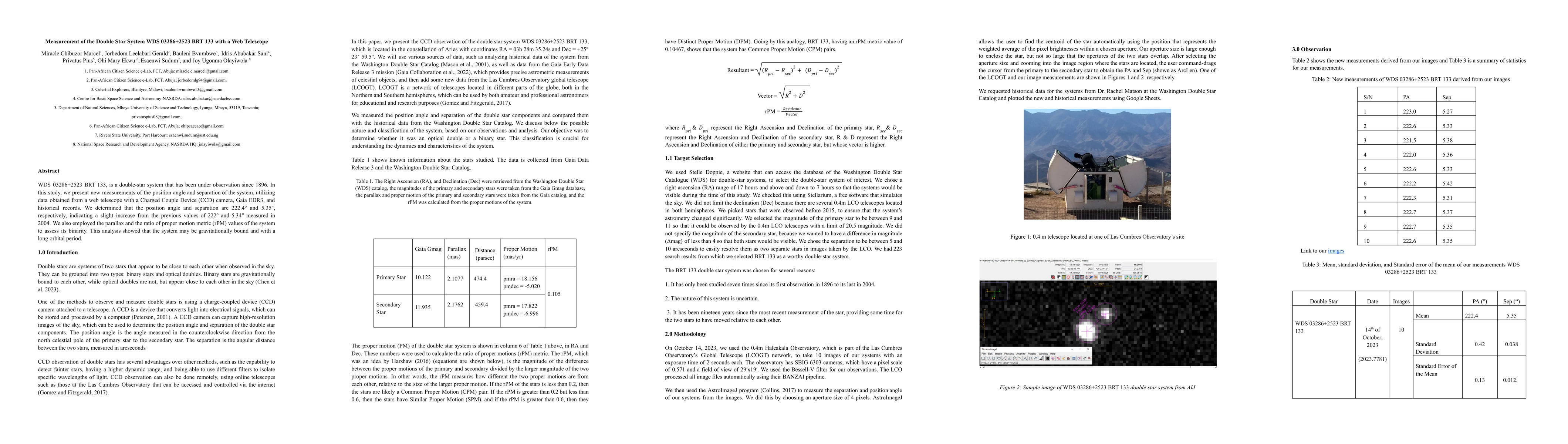 Thumbnail for Measurement of the Double Star System WDS 03286+2523 BRT 133 with a Web
  Telescope