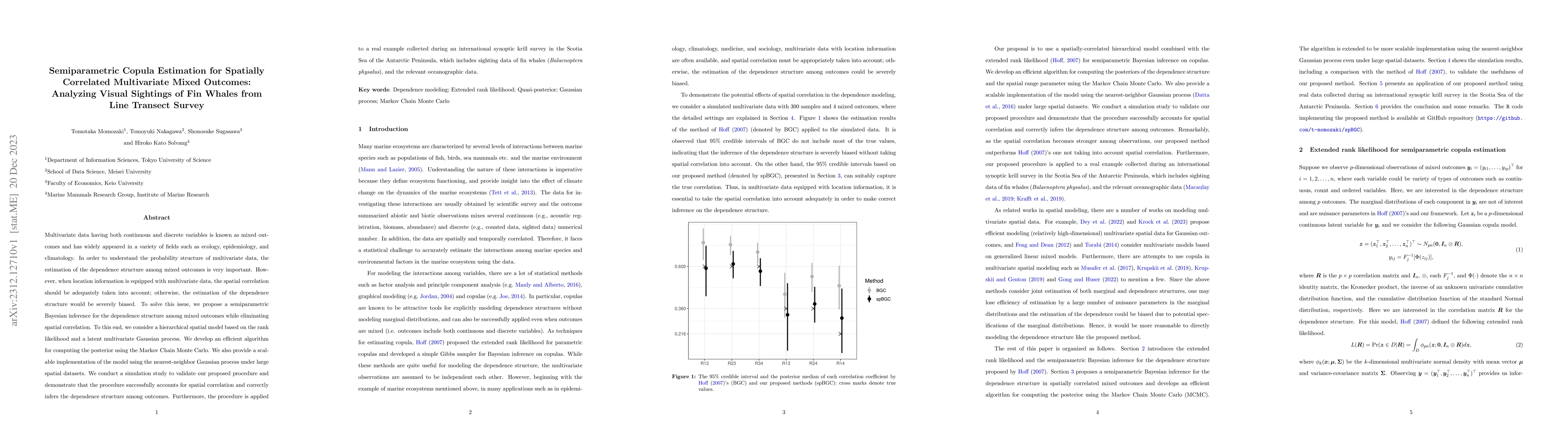 Thumbnail for Semiparametric Copula Estimation for Spatially Correlated Multivariate
  Mixed Outcomes: Analyzing Visual Sightings of Fin Whales from Line Transect
  Survey
