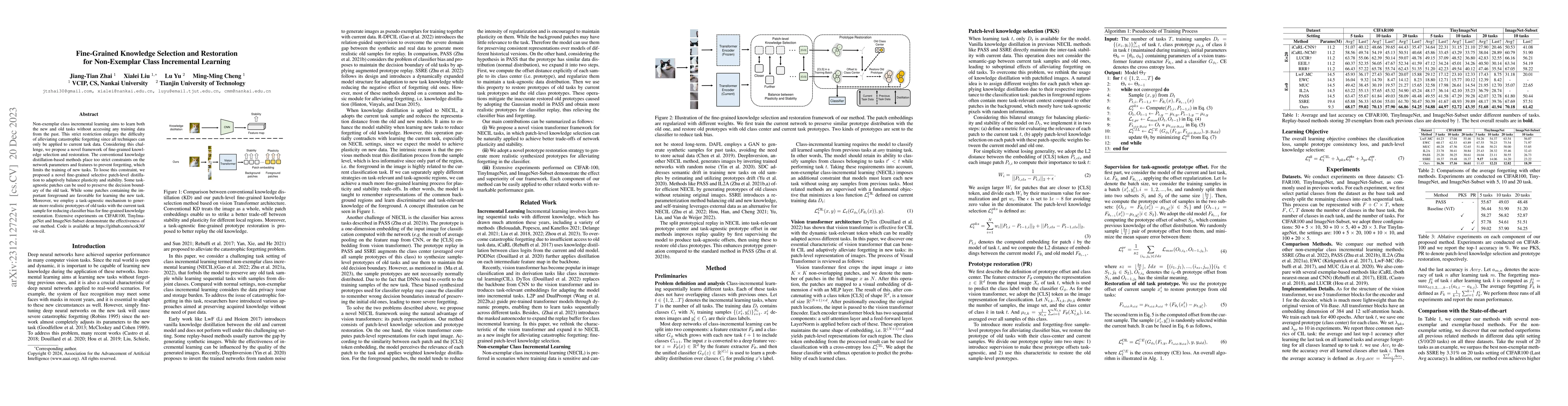 Thumbnail for Fine-Grained Knowledge Selection and Restoration for Non-Exemplar Class
  Incremental Learning