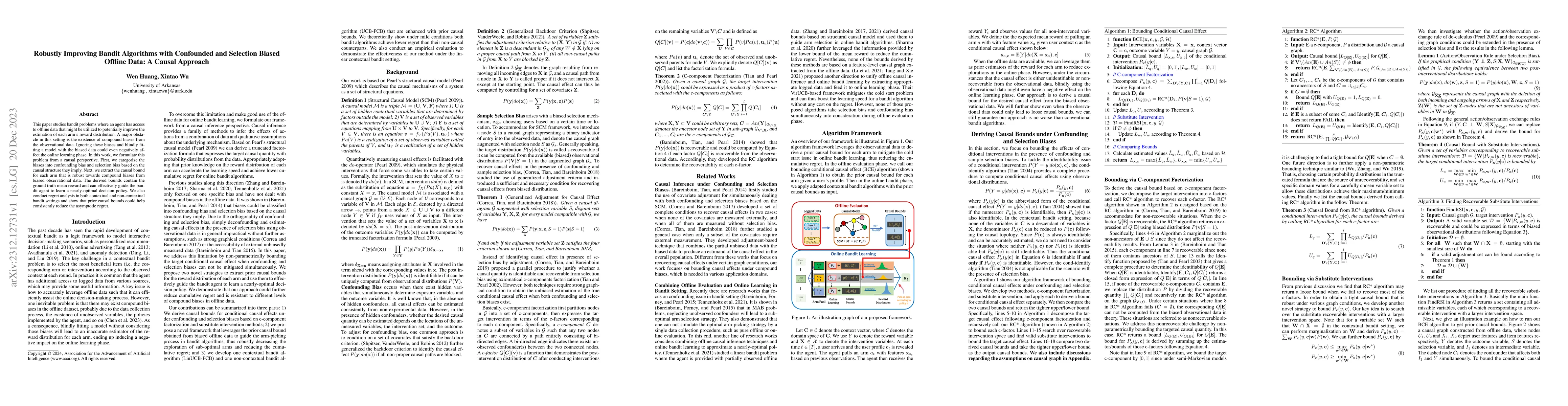 Thumbnail for Robustly Improving Bandit Algorithms with Confounded and Selection
  Biased Offline Data: A Causal Approach