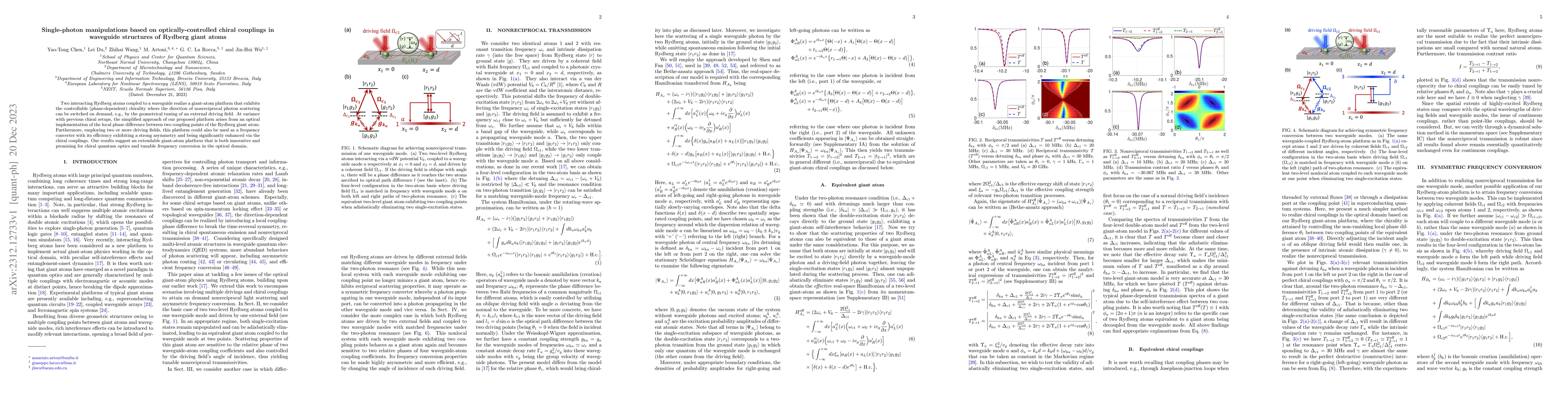 Thumbnail for Single-photon manipulations based on optically-controlled chiral
  couplings in waveguide structures of Rydberg giant atoms