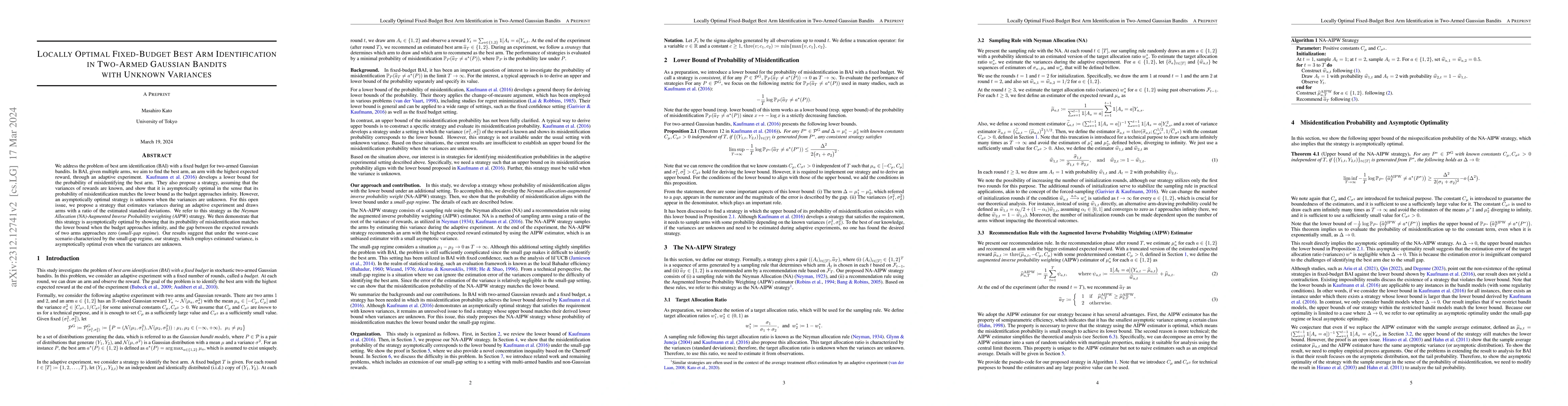 Thumbnail for Locally Optimal Fixed-Budget Best Arm Identification in Two-Armed
  Gaussian Bandits with Unknown Variances