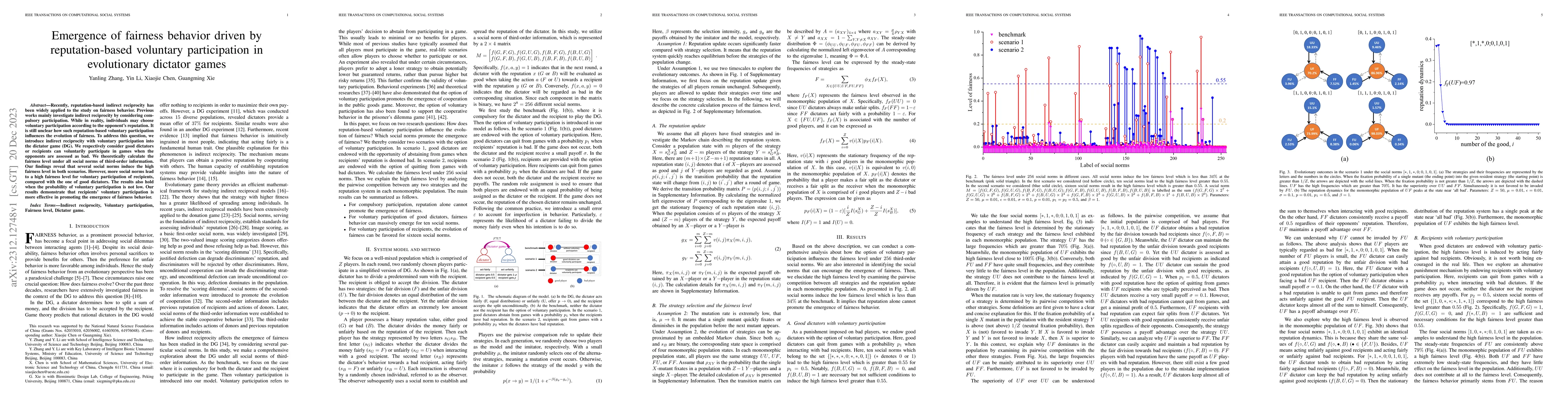 Thumbnail for Emergence of Fairness Behavior Driven by Reputation-Based Voluntary
  Participation in Evolutionary Dictator Games