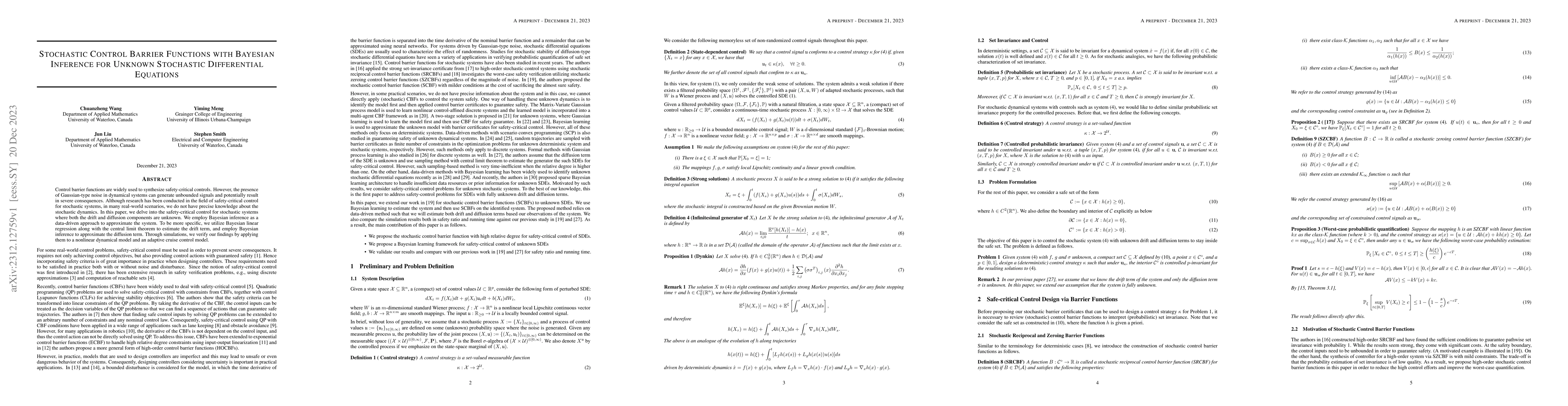 Thumbnail for Stochastic Control Barrier Functions with Bayesian Inference for Unknown
  Stochastic Differential Equations