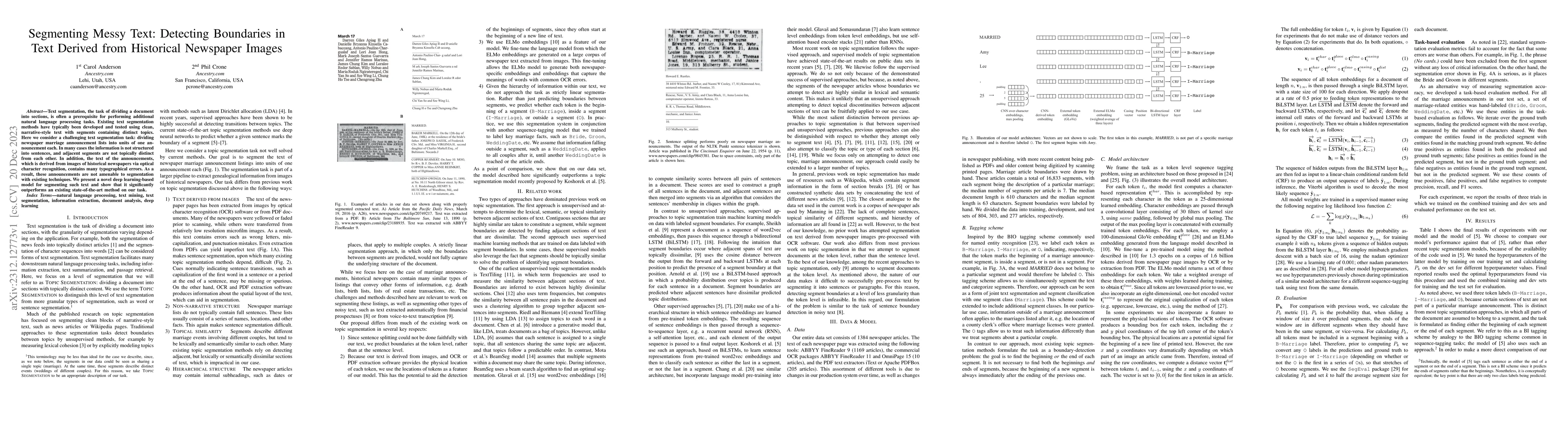 Thumbnail for Segmenting Messy Text: Detecting Boundaries in Text Derived from
  Historical Newspaper Images
