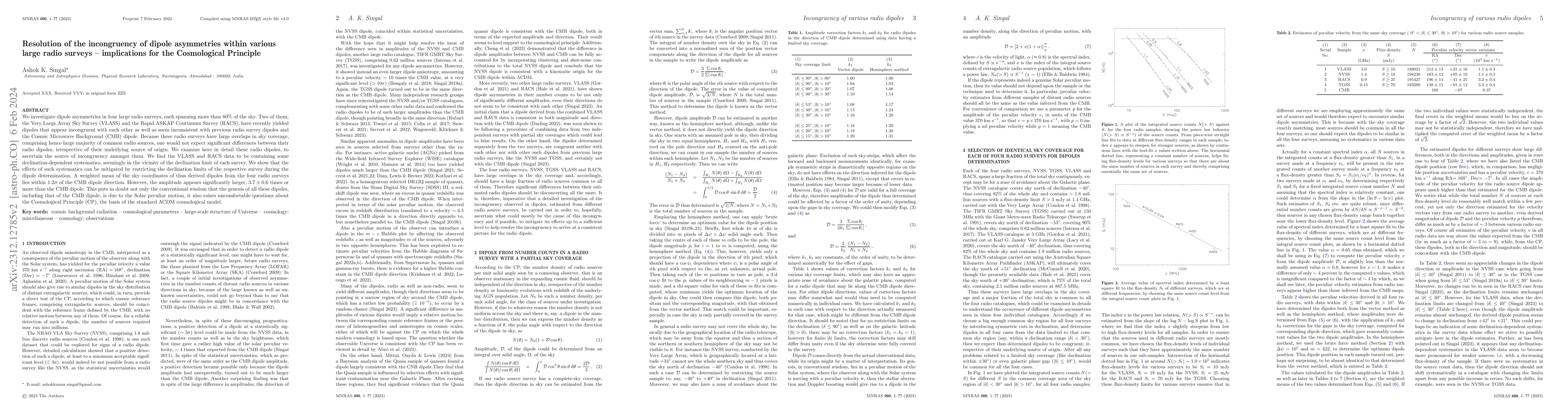 Thumbnail for Resolution of the incongruency of dipole asymmetries within various
  large radio surveys -- implications for the Cosmological Principle