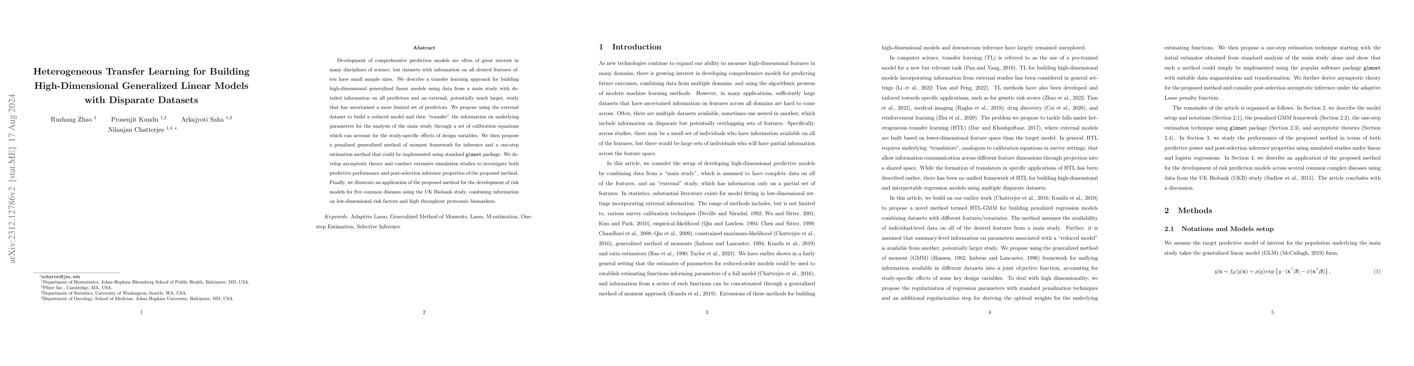 Thumbnail for Heterogeneous Transfer Learning for Building High-Dimensional
  Generalized Linear Models with Disparate Datasets