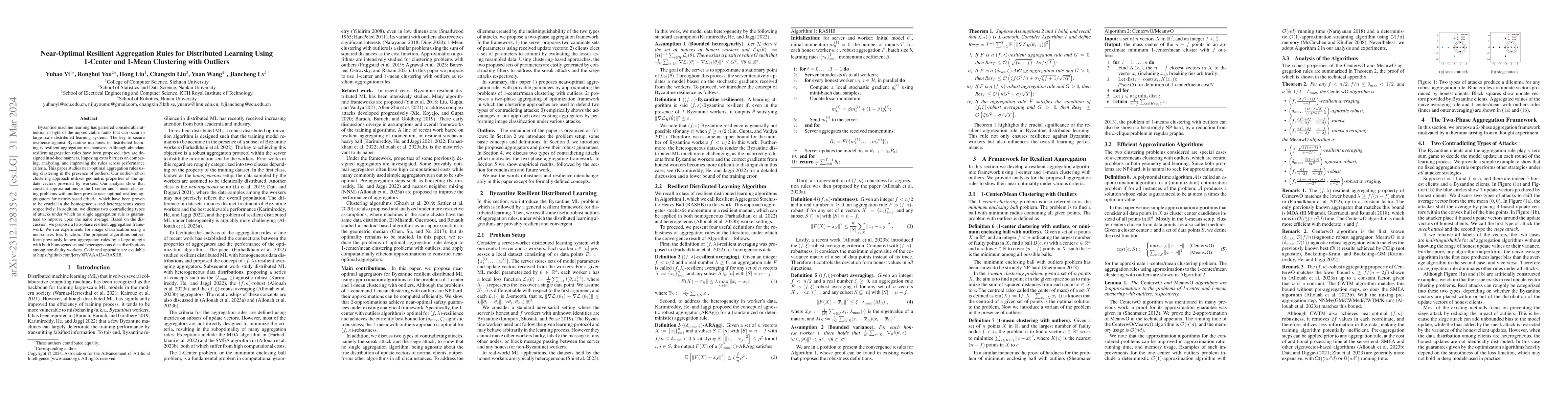 Thumbnail for Near-Optimal Resilient Aggregation Rules for Distributed Learning Using
  1-Center and 1-Mean Clustering with Outliers