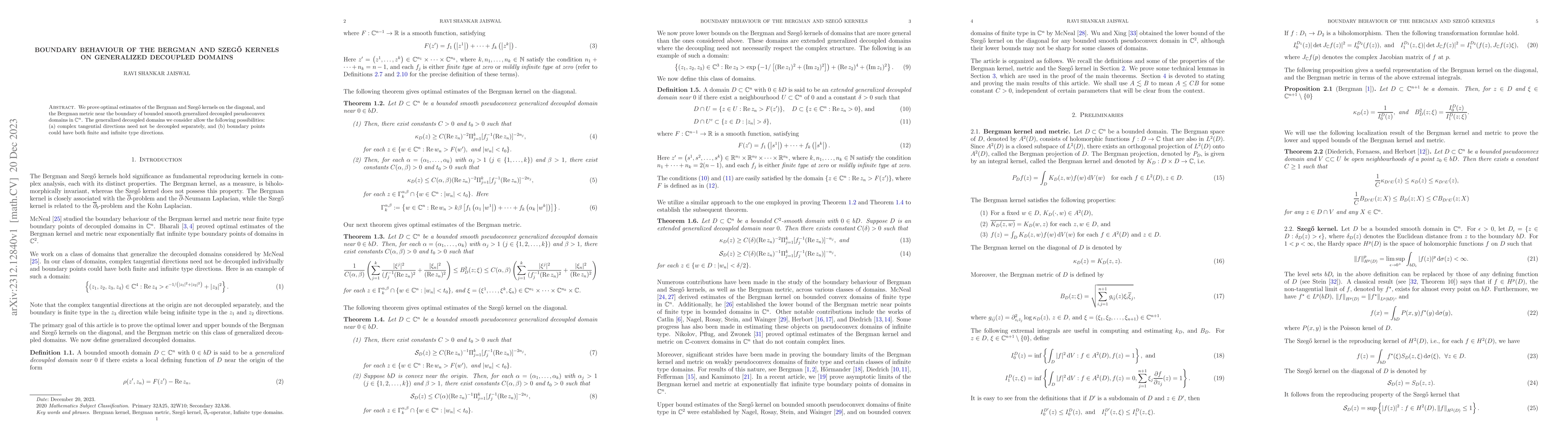 Thumbnail for Boundary behaviour of the Bergman and Szeg\H{o} kernels on generalized
  decoupled domains