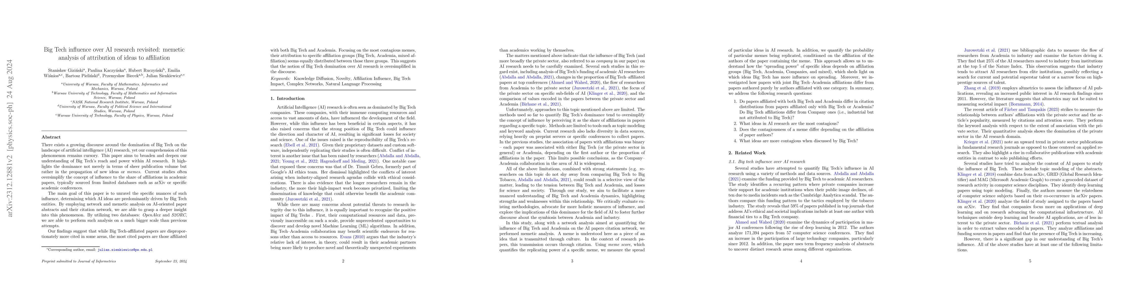 Thumbnail for Big Tech influence over AI research revisited: memetic analysis of
  attribution of ideas to affiliation