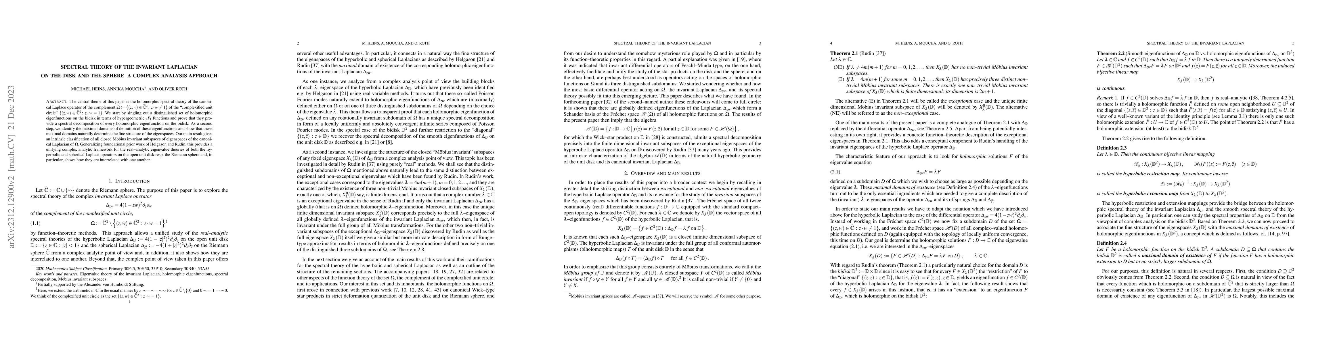 Thumbnail for Spectral theory of the invariant Laplacian on the disk and the sphere --
  a complex analysis approach