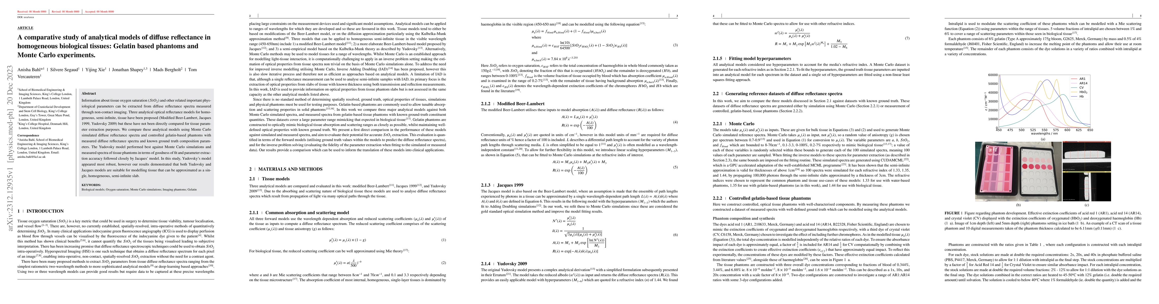 Thumbnail for A comparative study of analytical models of diffuse reflectance in
  homogeneous biological tissues: Gelatin based phantoms and Monte Carlo
  experiments