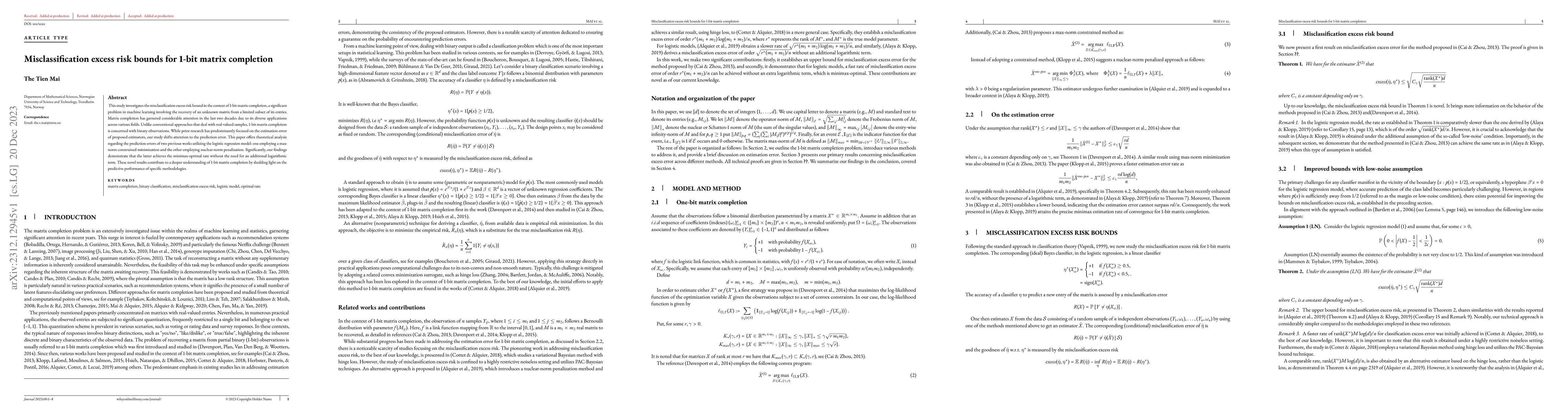 Thumbnail for Misclassification excess risk bounds for 1-bit matrix completion