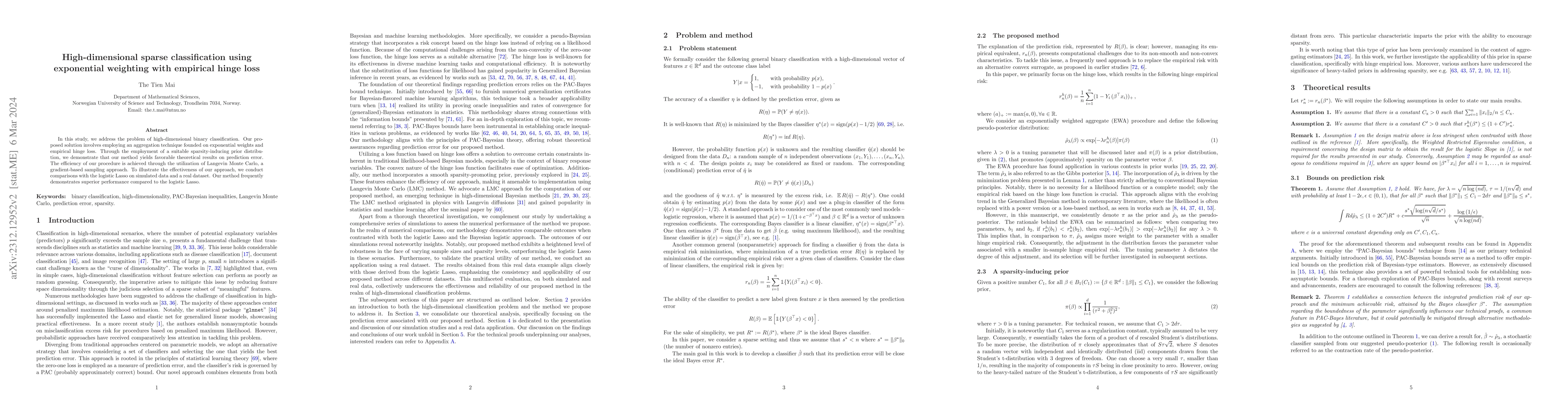Thumbnail for High-dimensional sparse classification using exponential weighting with
  empirical hinge loss