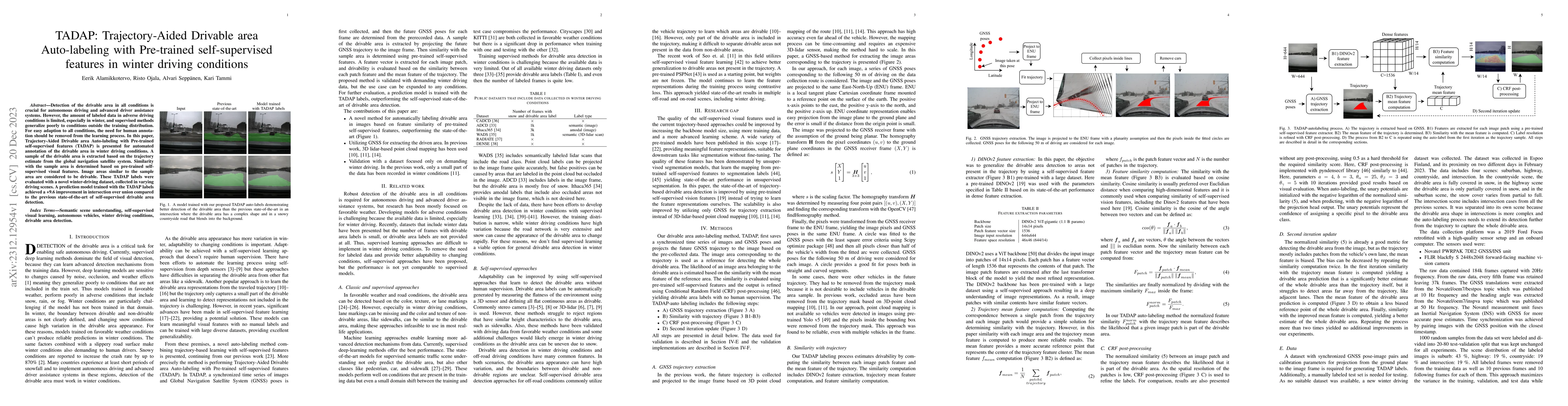 Thumbnail for TADAP: Trajectory-Aided Drivable area Auto-labeling with Pre-trained
  self-supervised features in winter driving conditions