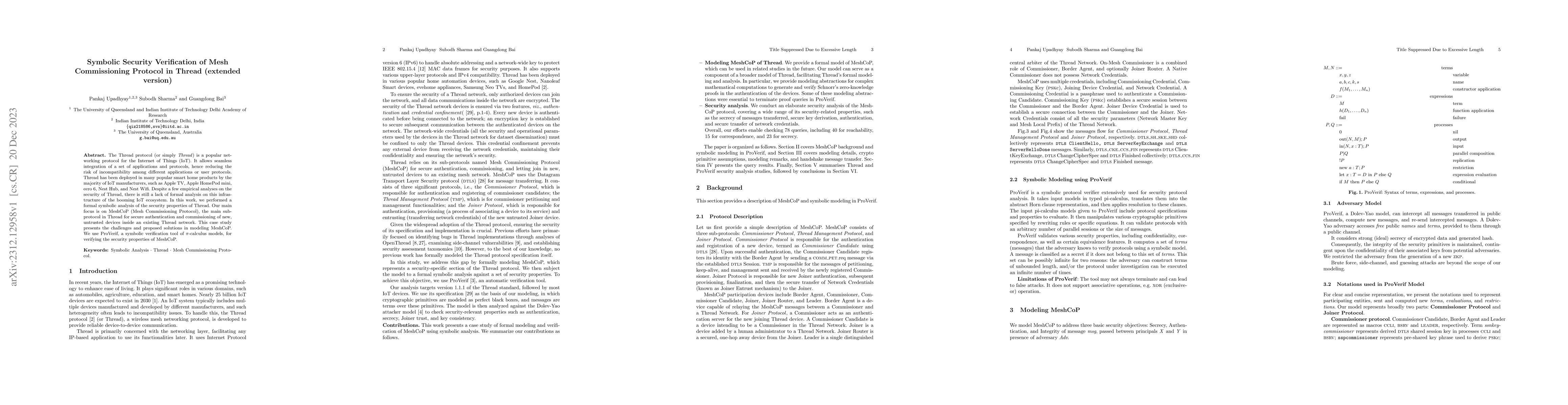 Thumbnail for Symbolic Security Verification of Mesh Commissioning Protocol in Thread
  (extended version)