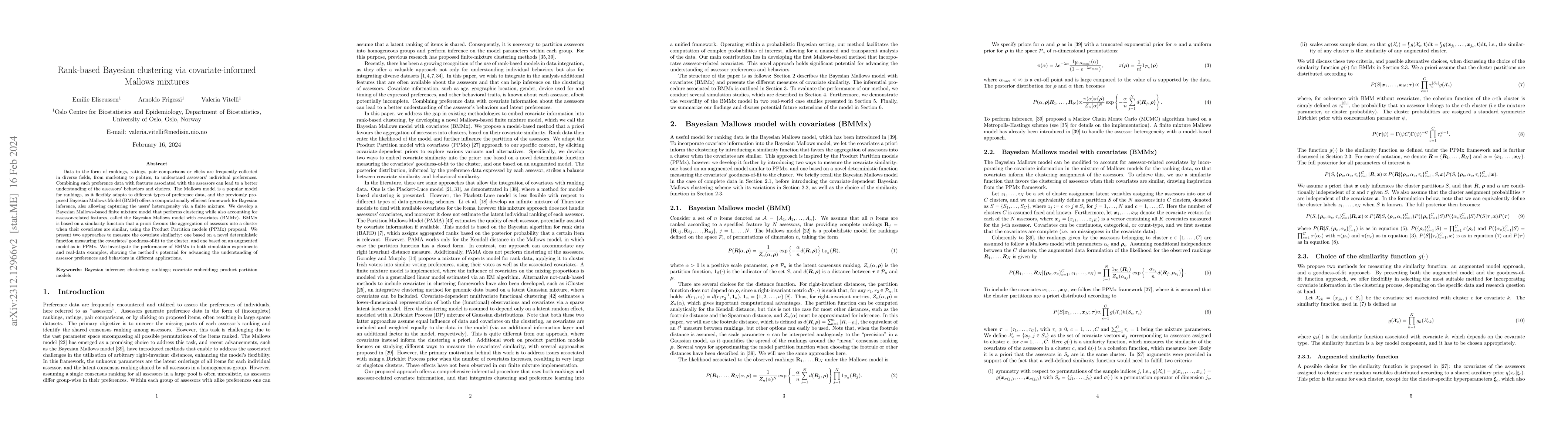 Thumbnail for Rank-based Bayesian clustering via covariate-informed Mallows mixtures