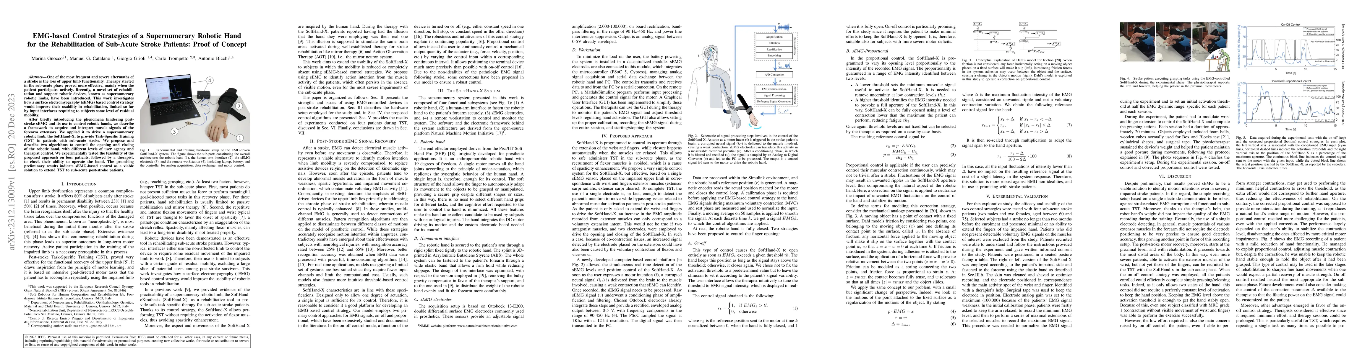 Thumbnail for EMG-based Control Strategies of a Supernumerary Robotic Hand for the
  Rehabilitation of Sub-Acute Stroke Patients: Proof of Concept