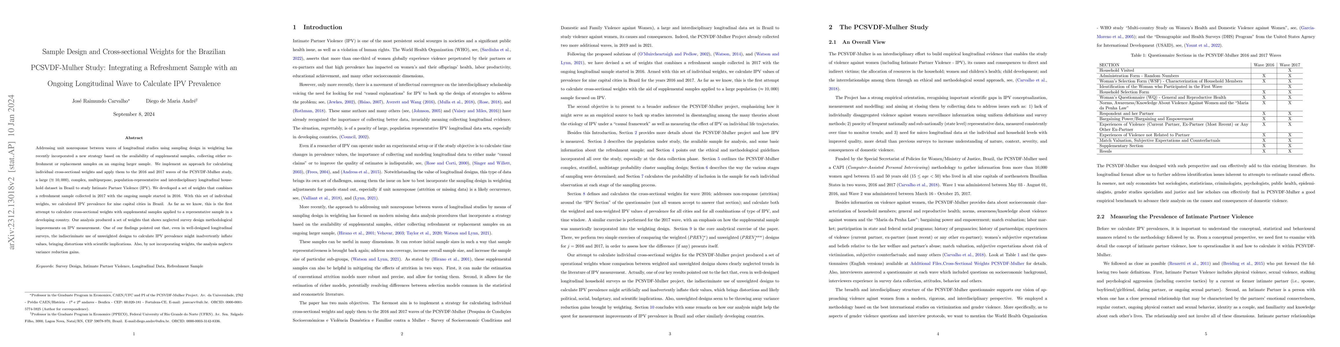 Thumbnail for Sample Design and Cross-sectional Weights for the Brazilian
  PCSVDF-Mulher Study: Integrating a Refreshment Sample with an Ongoing
  Longitudinal Wave to Calculate IPV Prevalence