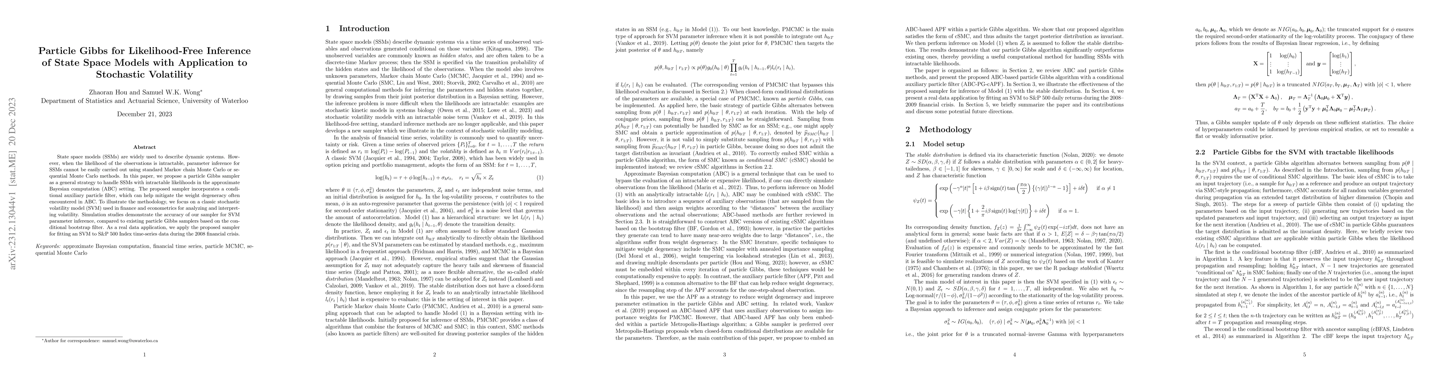 Thumbnail for Particle Gibbs for Likelihood-Free Inference of State Space Models with
  Application to Stochastic Volatility