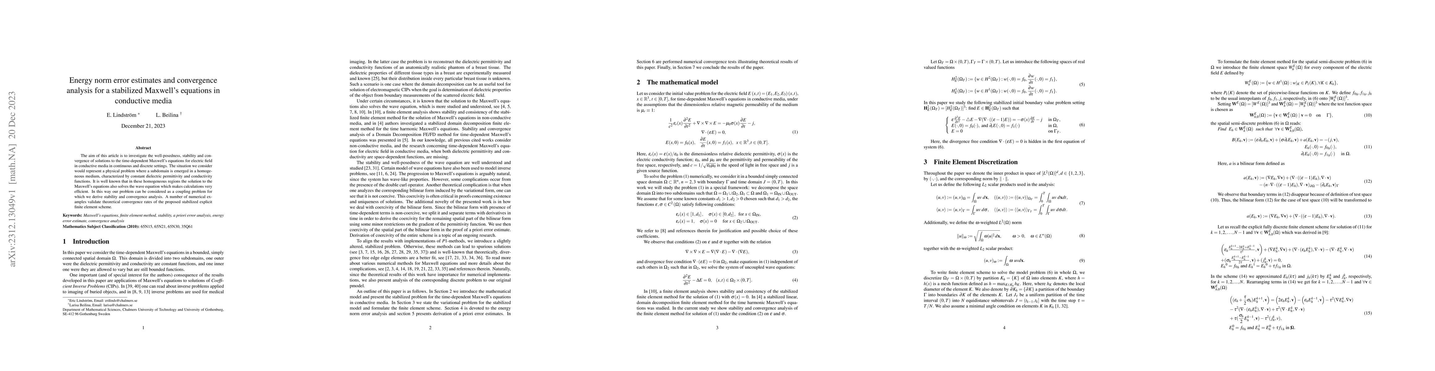 Thumbnail for Energy norm error estimates and convergence analysis for a stabilized
  Maxwell's equations in conductive media