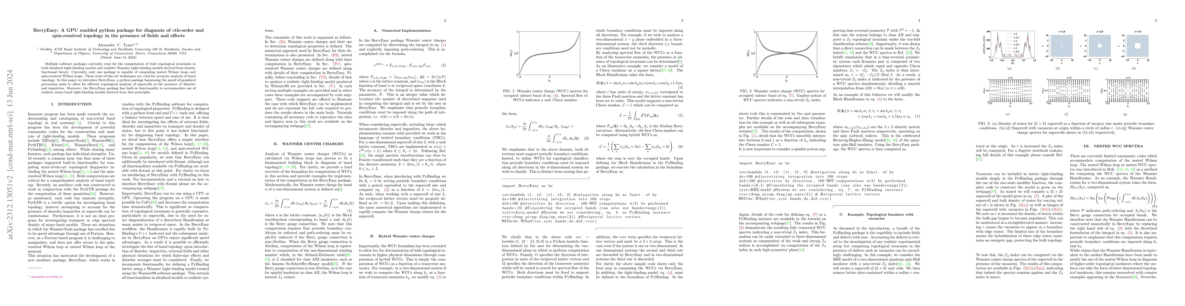 Thumbnail for BerryEasy: A GPU enabled python package for diagnosis of nth-order and
  spin-resolved topology in the presence of fields and effects