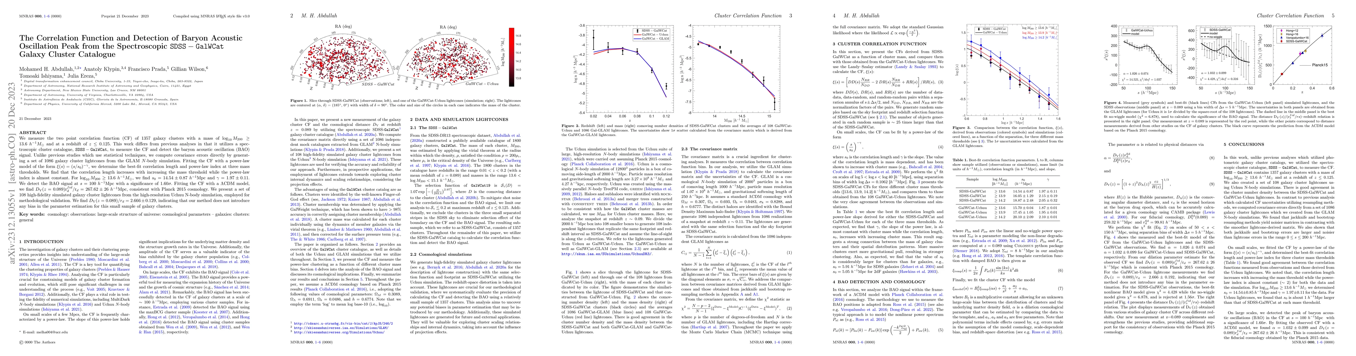 Thumbnail for The Correlation Function and Detection of Baryon Acoustic Oscillation
  Peak from the Spectroscopic SDSS GalWCat Galaxy Cluster Catalogue