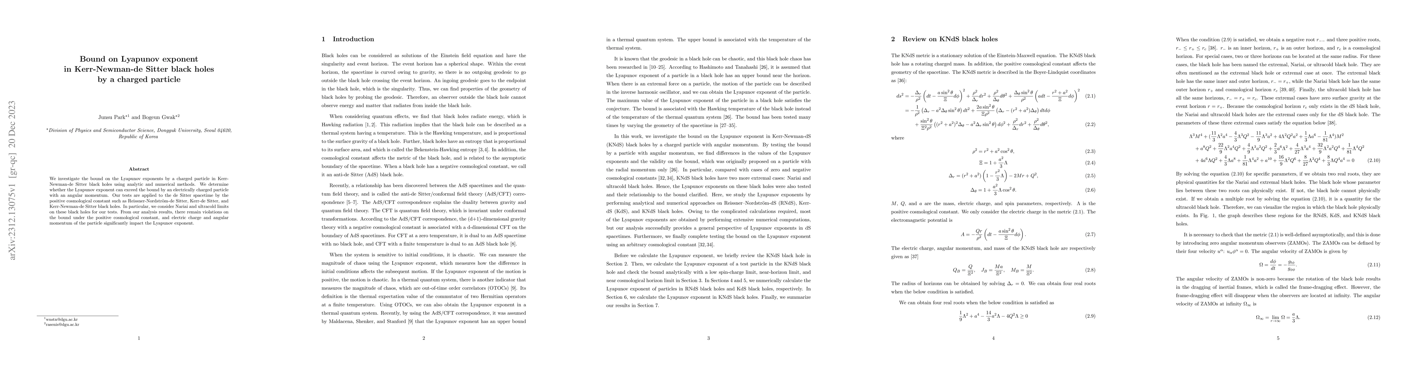 Thumbnail for Bound on Lyapunov exponent in Kerr-Newman-de Sitter black holes by a
  charged particle