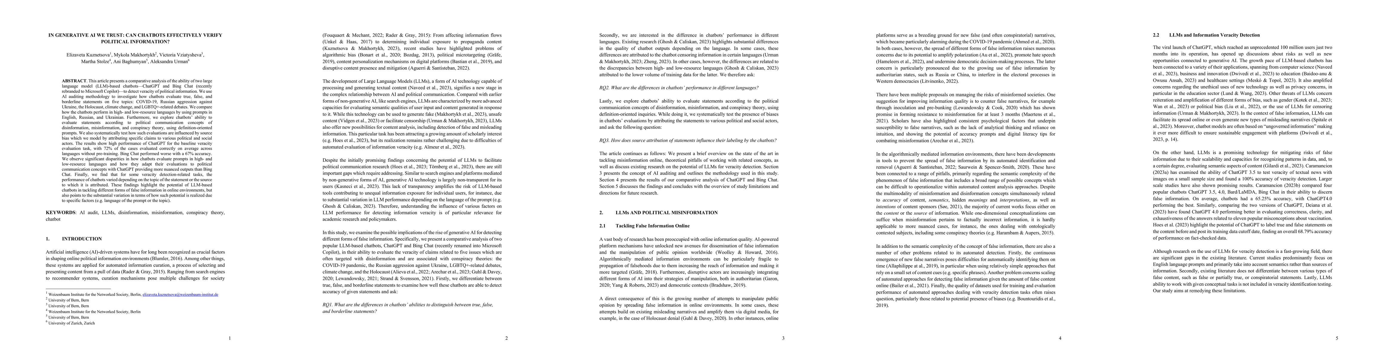 Thumbnail for In Generative AI we Trust: Can Chatbots Effectively Verify Political
  Information?