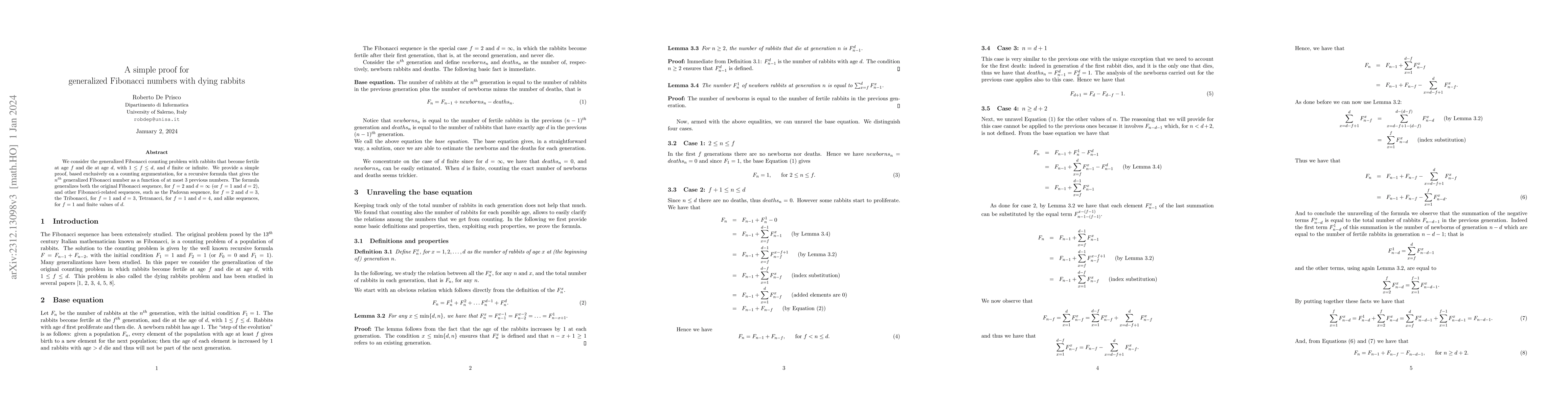 Thumbnail for A simple proof for generalized Fibonacci numbers with dying rabbits