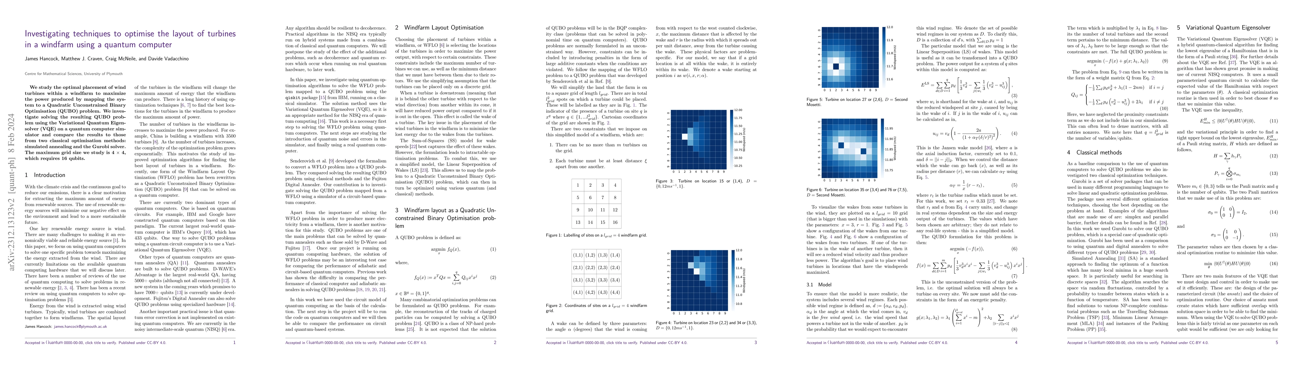 Thumbnail for Investigating techniques to optimise the layout of turbines in a
  windfarm using a quantum computer