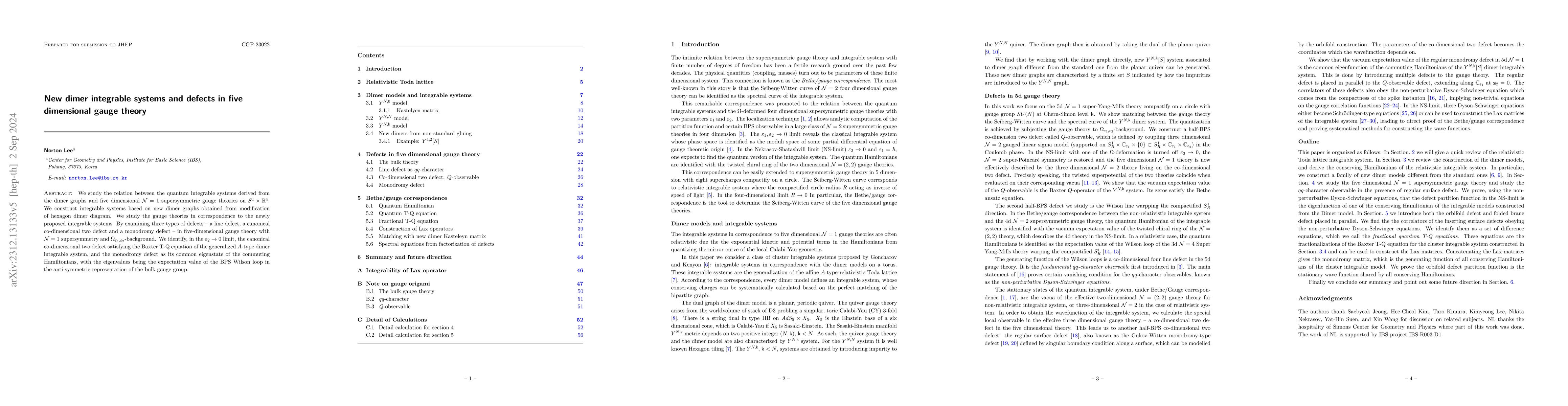 Thumbnail for New dimer integrable systems and defects in five dimensional gauge
  theory