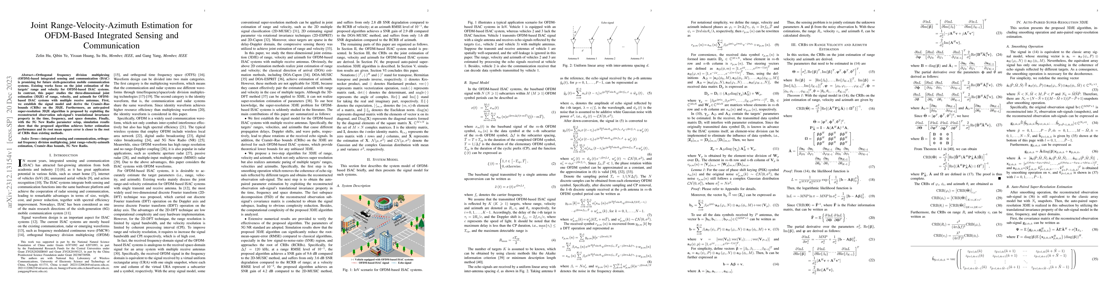 Thumbnail for Joint Range-Velocity-Azimuth Estimation for OFDM-Based Integrated
  Sensing and Communication