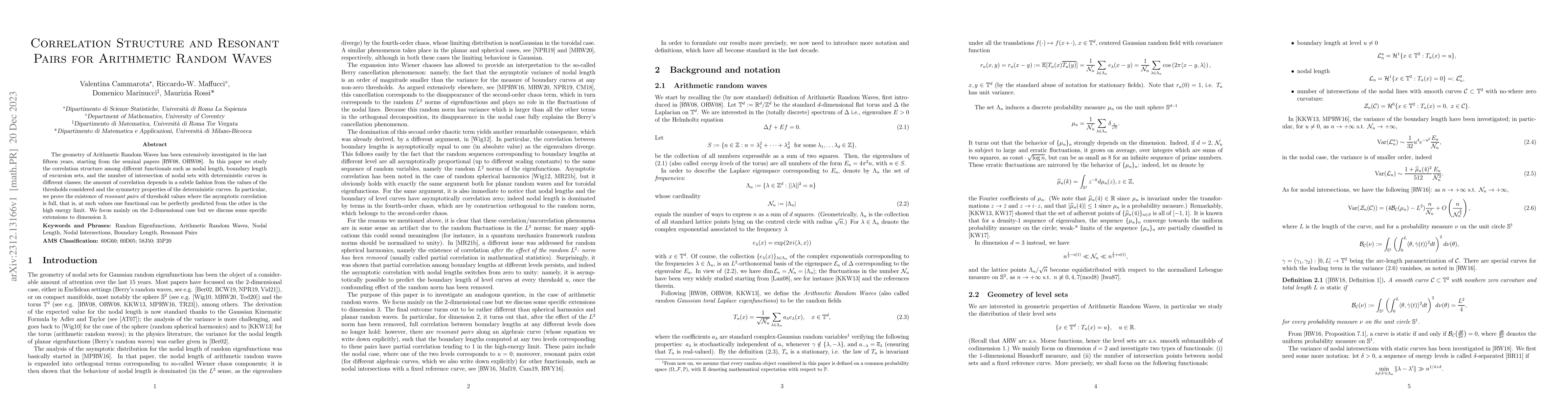 Thumbnail for Correlation Structure and Resonant Pairs for Arithmetic Random Waves