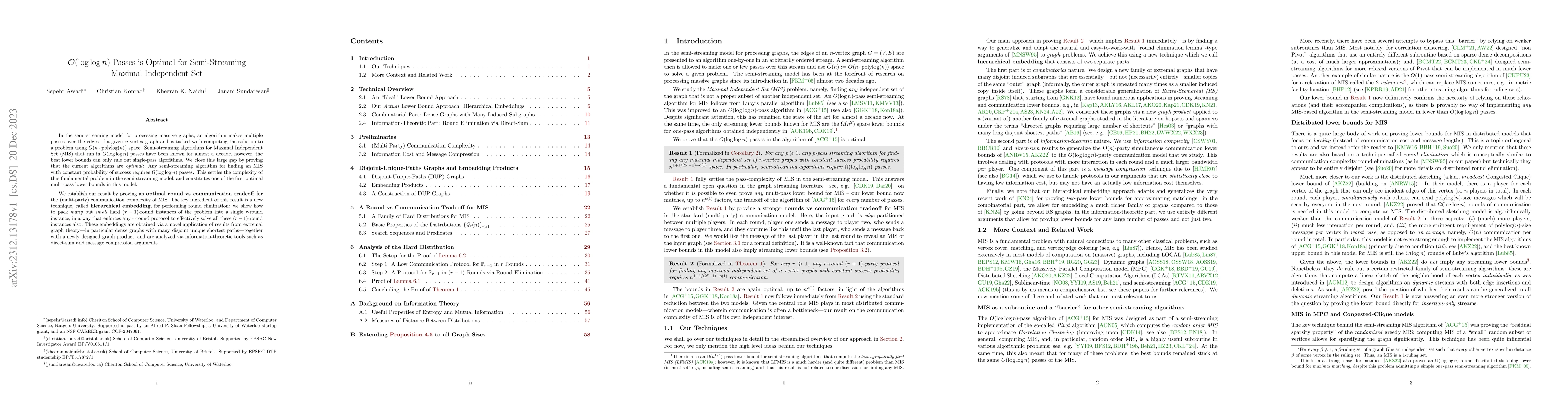 Thumbnail for $\mathcal{O}(\log\log{n})$ Passes is Optimal for Semi-Streaming Maximal
  Independent Set