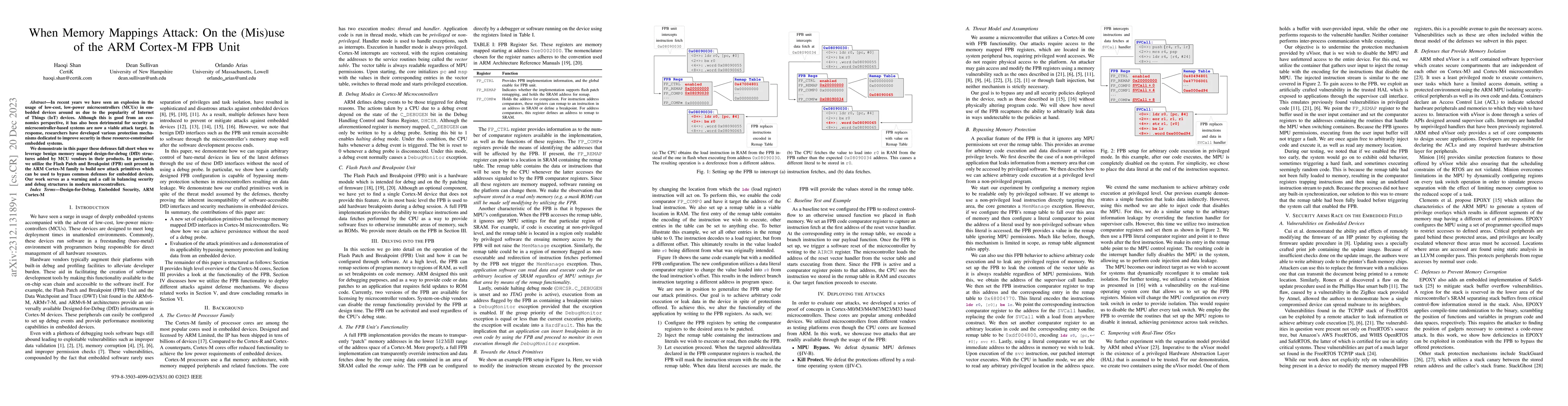 Thumbnail for When Memory Mappings Attack: On the (Mis)use of the ARM Cortex-M FPB
  Unit