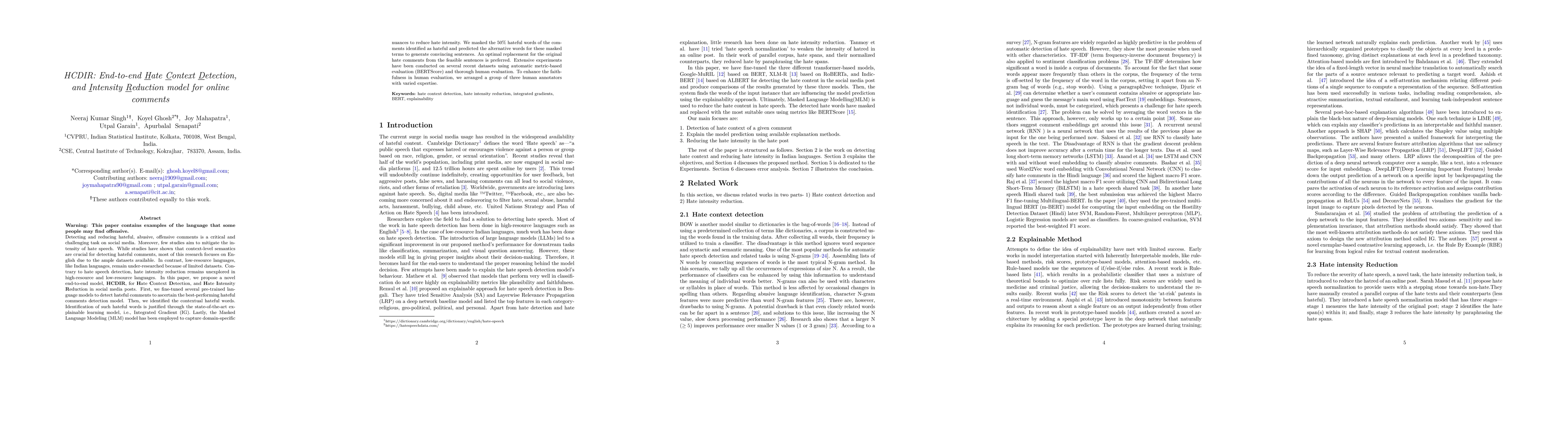 Thumbnail for HCDIR: End-to-end Hate Context Detection, and Intensity Reduction model
  for online comments