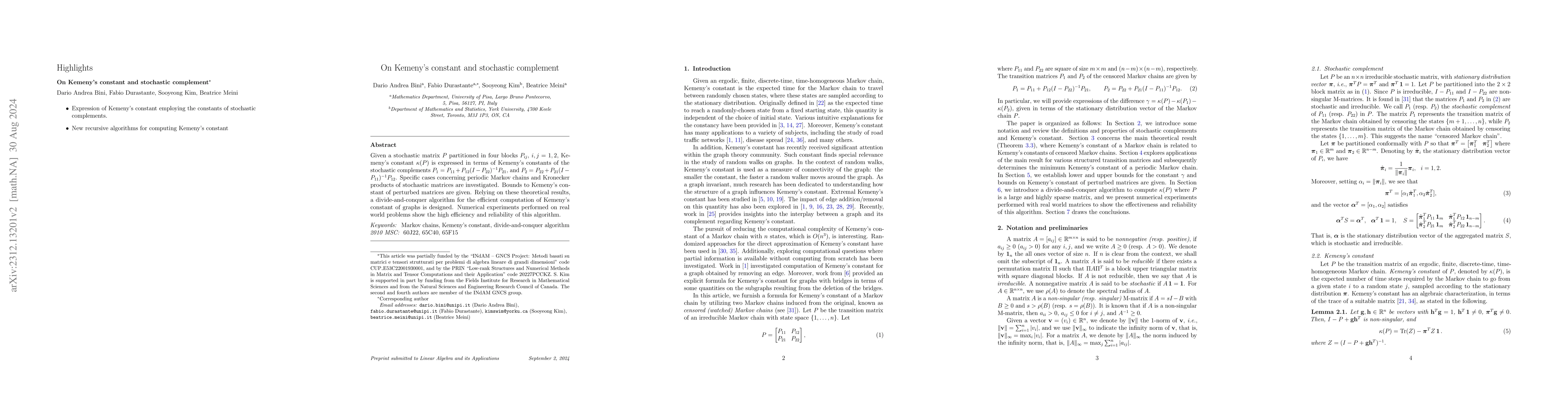 Thumbnail for On Kemeny's constant and stochastic complement