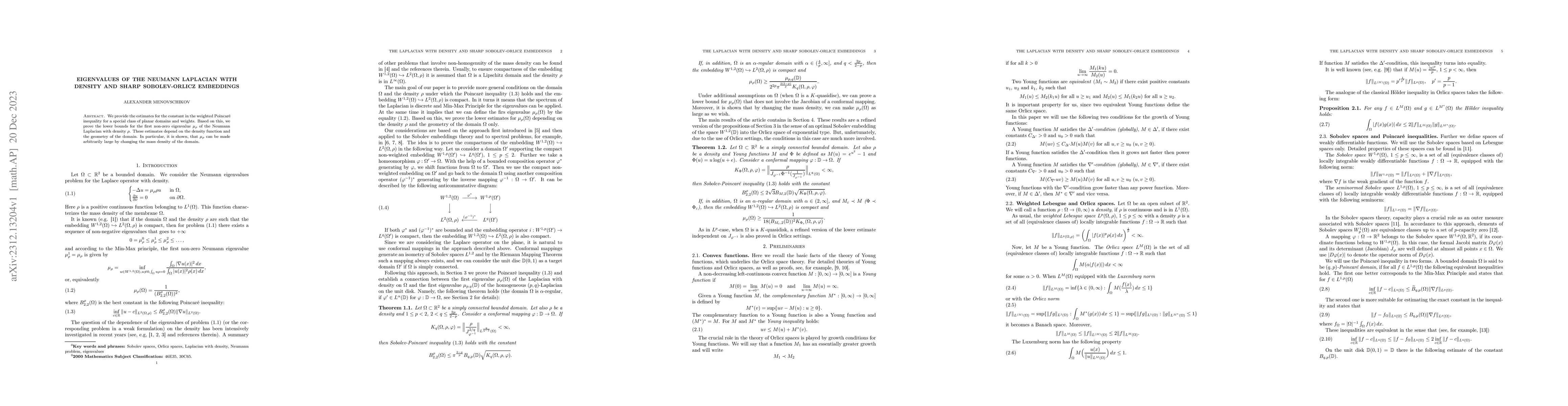 Thumbnail for Eigenvalues of the Neumann Laplacian with density and sharp
  Sobolev-Orlicz embeddings
